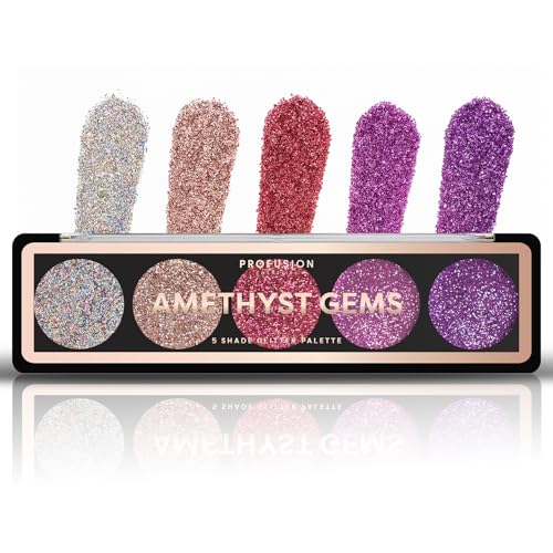 Profusion Cosmetics Amethyst Gems 5 Shades Glitter Eyeshadow Palette ? Multi-Color Sparkle with Built-In Primer, Richly Pigmented & Blendable, Vegan & Cruelty-Free Makeup (Amethyst Gems)