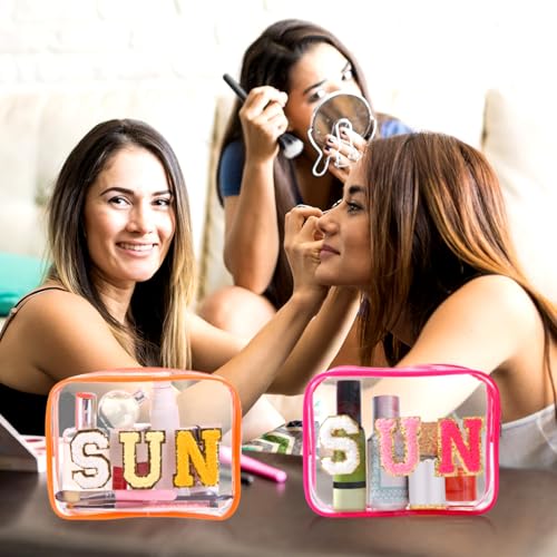 Kacctyen 8 Pcs Clear Sun Makeup Bag Bulk Summer Beach Sunscreen Pouch Waterproof Toiletry Cosmetic Zippered Organizer with Preppy Chenille Letter Patch for Women Girls Beach Pool Vacation Gift