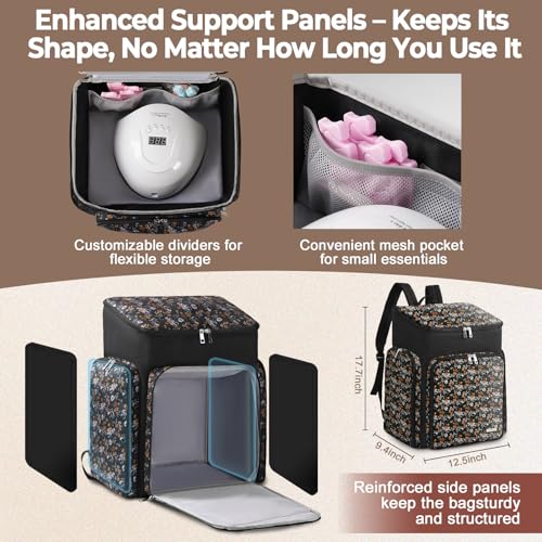 Floral Pattern Nail Polish Storage Backpack, Large Capacity Organizer Case with Multiple Compartments, Black