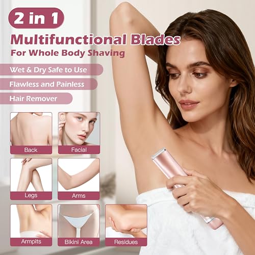 2 in 1 Dual Head Bikini Trimmer for Women, Women Electric Shaver IPX7 Waterproof Wet & Dry Use Body Hair Trimmer and Facial Hair Remover Cordless Body Shaver for Bikini Underarm Leg Arm Face