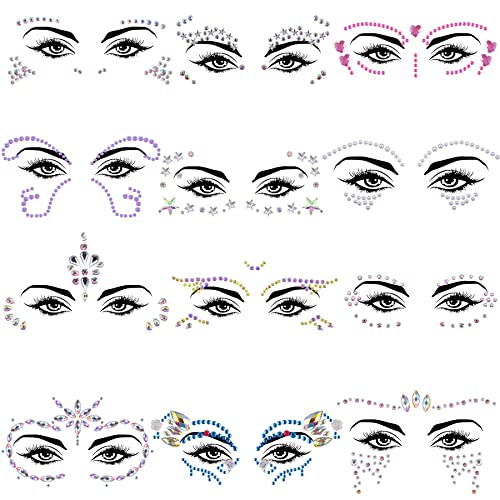 SIQUK 12 Sets Face Jewels Rhinestone Face Gems Stick on Crystal Face Jewel Stickers Mermaid Face Jewels for Rave Carnival Festival Party