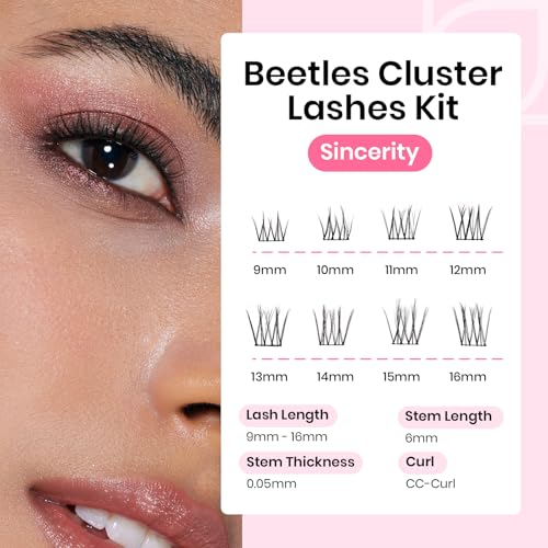 Beetles Lash Clusters Kit Natural Eyelash Clusters Kit 140pcs Individual Lash Extension Kit 9-16mm False Eyelash Extension Kit Lash Clear Adhesive, Brush and Tweezers DIY Lash Kit Sincerity KNS002