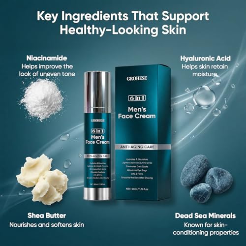 6 in 1 Face Cream for Men, 6 in 1 Mens Face Moisturizer with Collagen, Hyaluronic Acid and Shea Butter, 1.76 fl oz