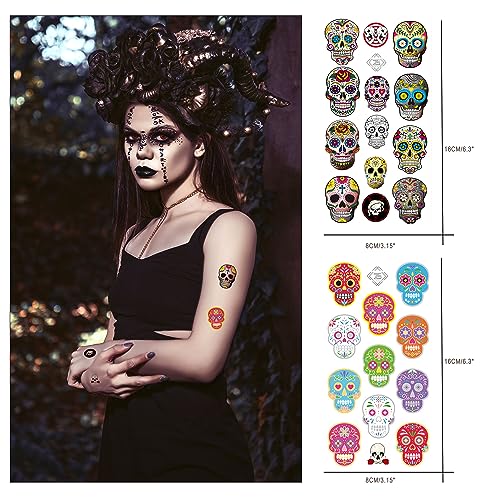 Day of the Dead Sugar Skull Tattoos(156PCS),Halloween Temporary Face Tattoos Sugar Skull Skeleton Tattoo for Boys Girls Halloween Party Favor Supplies
