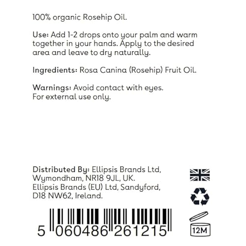 Organic Rosehip Oil by Ellipsis Labs. 100% natural and organic moisturizing oil, works against dry skin conditions for improved skin barrier function. 30ml/1fl.oz