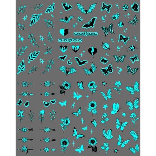 Glow In The Dark Butterfly Nail Temporary Tattoos for Women Girls Adult, Luminous Flower Butterflies Wings Fake Black Tattoo Stickers Art Makeup Waterproof for Face Body Arm Party Favors