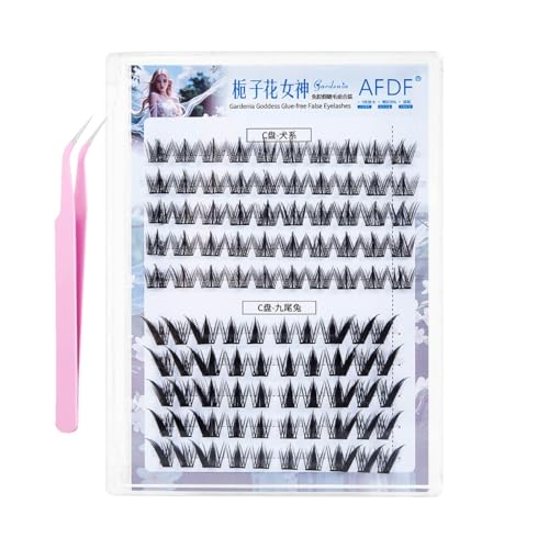 Self Adhesive Eyelashes 100 Clusters Press On Eyelash LASGOOS Natural Curl 3D Lash Individual 10-12mm Pre-Glued FOX Thick Mix Bulk DIY Extensions COSPLAY MANGA No Glue/Remover Needed With Tweezer