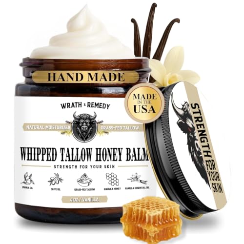 Organic Beef Tallow for Skin - 4 OZ (Vanilla) ? Grass Fed Beef Tallow for face + Body ? US-Made Whipped Tallow and Honey Balm Moisturizer for Dry and Sensitive Skin, Eczema, Rosacea (No Additives)