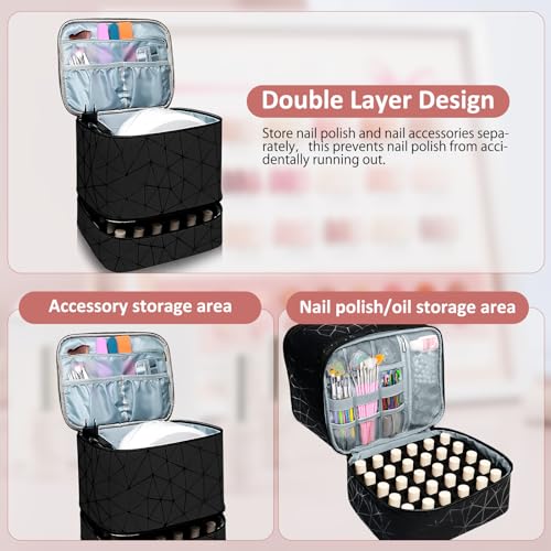 Esoes Nail Polish Organizer Case Double-Layer Nail Bag Storage PU Leather Waterproof Nail Organizer Holds 30 Bottles(15ml) and 1 Nail Lamp Large Travel Nail Supplies Shoulder Bag