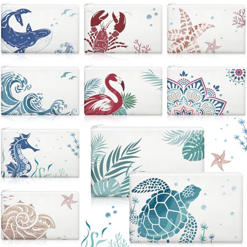 Kacctyen 10 Pcs Beach Makeup Bags Bulk Zipper Pouch Canvas Beach Themed Cosmetic Bag for Women Cruise Ship Essential Sea Summer Vacation Organization Cruise Party Favor Bridesmaid Wedding(Multicolor)