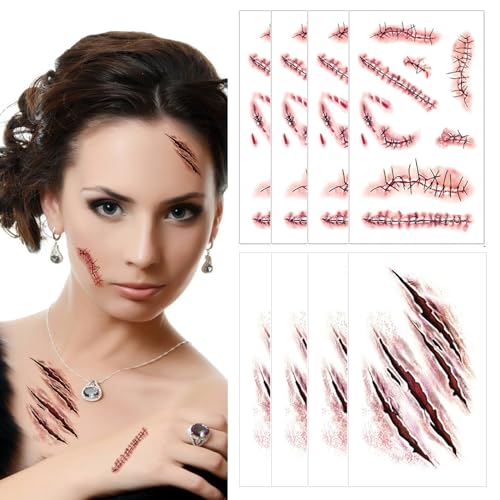 Face Body Horror Realistic Fake Scar Scab Waterproof Temporary Tattoos Sticker Halloween Fool's Day Zombie Masquerade Prank Makeup Props for Kids Adult Fun (8 Sheets)