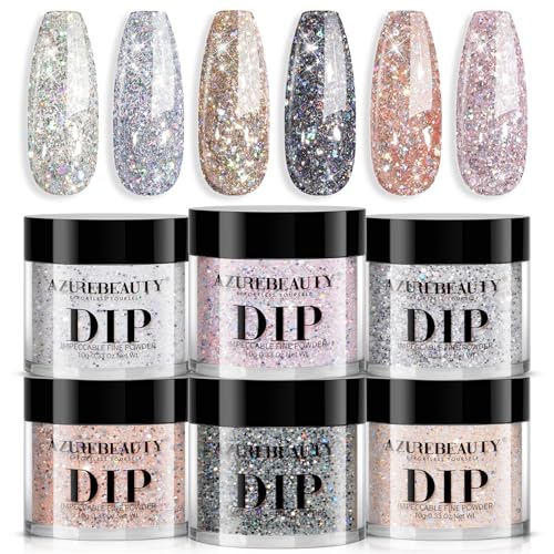 AZUREBEAUTY Dip Powder Nail Set, Silver Pink Black Dip Powder Liquid Set 4 Pcs Clear Dipping Powder Base Activator Top Coat and Brush Saver