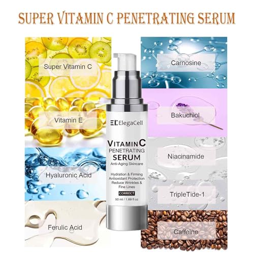 ElegaCell Vitamin C Serum for Women Over 70 - Advanced Anti-Aging Vitamin C Face Super Serum for Mature Skin 1.69 fl oz pack of 2