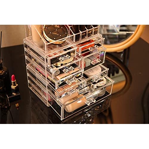 Cq acrylic 3 Pack Clear Makeup Organizer Countertop,Stackable 8 Drawers Skincare Organizer,Cute Skin Care Organizer for Vanity Hair Clip,Jewelry,Beauty Product Desk and Make Up Organizers for Vanity