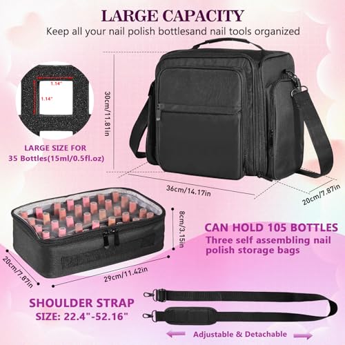 Extra Large Nail Polish Organizer Case Holds 105 Bottles with 3 Removable Pouches for Manicure Tools, Supplies, Nail Lamp, Gift for Girls