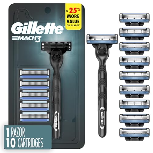 Gillette Mach3 Shaving Razor for Men, 1 Razor Gillette 3-Blade Handle for Men¡¯s Grooming, 10 Razor Blade Refills, Lubrication Strip