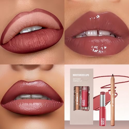 2PCS Lip Liner and Lipstick Combo Set, 2 in 2 Waterproof Lip Liner Long Lasting Lipstick Set, Matte Lipliner Pencil & Hydrating Lip Gloss Makeup Kits for Women (201)
