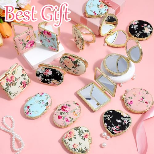 16 Pcs Compact Mirrors for Purse Bulk Small Flower Pocket Mirror Vintage Portable Floral Folding Tea Party Favors Return for Women Birthday Wedding Makeup Travel, Gold Edge
