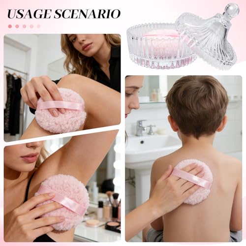 6'' Extra Large Dusting Powder Puff & Glass Container Set, Soft Reusable Velour Body & Face Puff, Luxury Smooth Finish, Easy Refill Powder Jar for Women