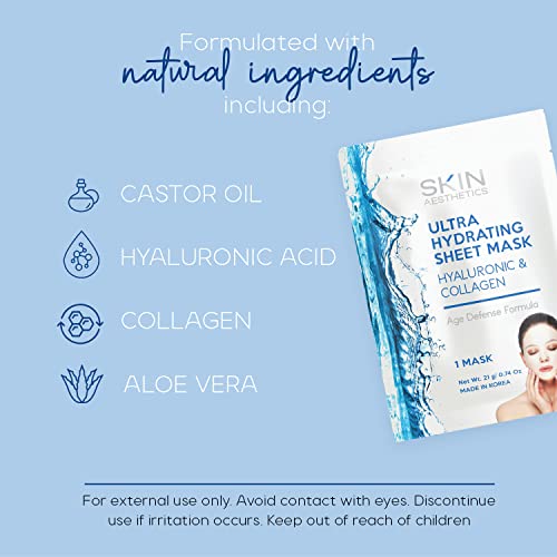 Hyaluronic & Collagen Sheet Face Mask - Skin Firming, Anti-Aging, Moisturizing & Plumping - Dermatologist Tested Korean Skincare - Clean Beauty, Cruelty-Free - 5 Masks