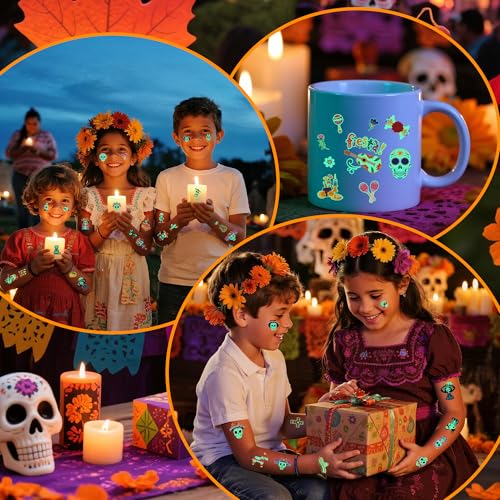 Day of the Dead Face Tattoos, Day of the Dead Decorations Party Favors Glow, Dia De Los Muertos Sugar Skull Temporary Tattoos for Kids, Day of the Dead Crafts Decor