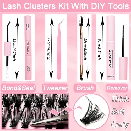 Lash Clusters Kit, 640 Pcs Eyelashes Clusters Extensions Kit 9-16mm Individual Lashes D Curl Fluffy Wispy False Eyelashes Thin Band, with Bond Seal Remover Tweezers Brush DIY (50D+60D Kit 9-16mm)
