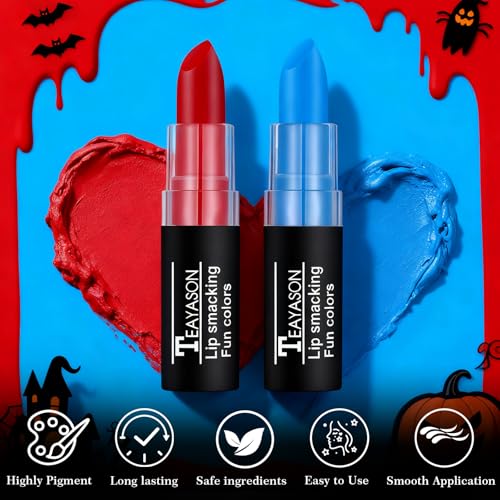 Halloween Makeup Kit for Harley Quinn Cosplay, Red Liquid Eyeliner Stamp, Red and Blue Face Body Paint Stick, Costume Accessories for Harley Quinn Cosplay SFX Looks