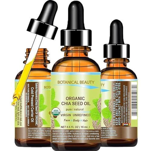Botanical Beauty Organic CHIA SEED OIL 100% Pure Natural Virgin Unrefined Cold-Pressed Carrier Oil 0.5 Fl Oz 15 ml for Face, Skin, Body, Hair, Lip, Nails. Rich in Vitamin E