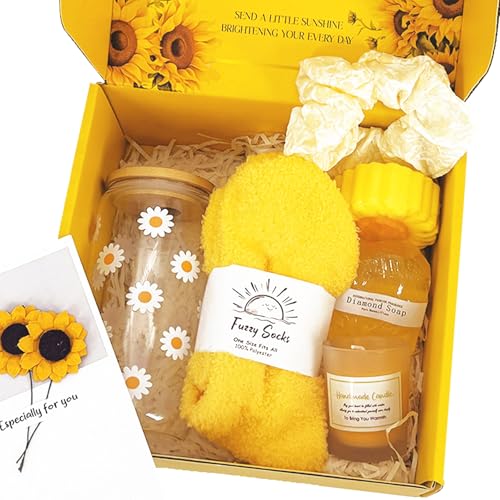 Unique Sunflower Gifts Basket for Women, Self Care Kit Set for Teen Girls, for Get Well Soon Gift, Happy Birthday, Valentines Day and Mothers day (pack of 8)