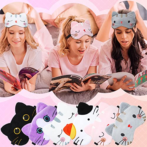 Wesiti 12 Pcs Sleepover Party Favors for Women Girls, 6 Cute Plush Sleep Eye Mask and 6 Spa Headband Washing Face Bow Makeup Headbands Cat Eyeshade for Sleepover Birthday Pajama Party Supply Gift