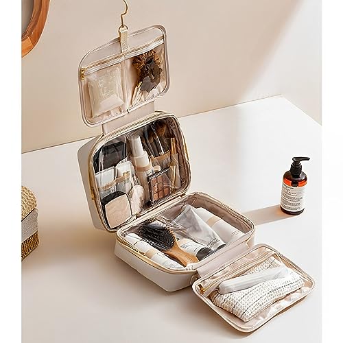 Portable Large Capacity Cosmetic Bag, Skincare Products, Makeup Brush Storage Bag, Double Layer Makeup Bag (Upgraded-White)