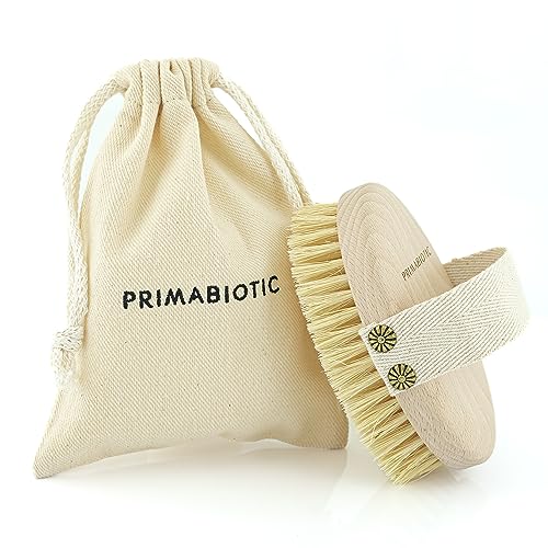 Primabiotic Body Massage Brush with Pouch ? Eco-Friendly Product from Europe ? Beech Wood & Agave Fibers ? Oval Handle with Cotton Strap ? Ideal for Dry Massage and Cellulite Reduction