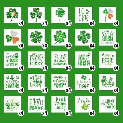 Partywind 204 PCS Glitter Shamrock Tattoos for St Patrick's Day, Individually Wrapped Cut Tattoo Stickers for Saint Patrick's Day Decorations Party Supplies, Irish Clover Accessories for Kids Adults