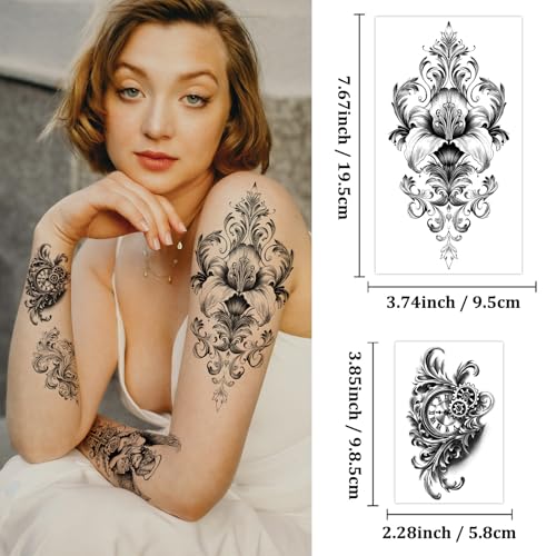 Temporary Tattoos for Adults, 47 Sheets Baroque Religious Flower Skull Designs Fake Tattoos, 17 Half Arm tat and 30 Small temp Tattoos