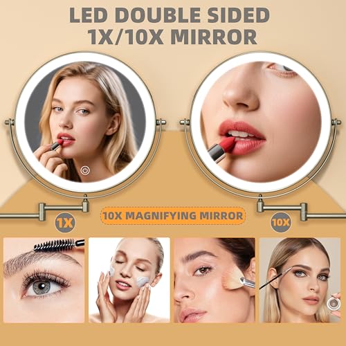 8.5" Wall Mounted Makeup Mirror with Light, 2000mAh Rechargeable Double Sided 1X / 10X Magnifying Vanity Mirror, 3 Color Lights Touch Dimmable 360¡Æ Rotation Bathroom Mirror, Nickel