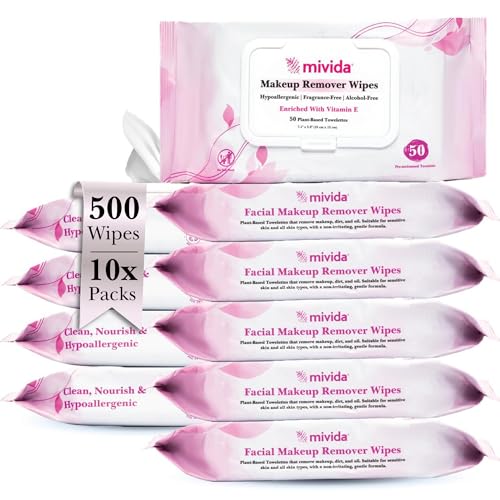 mivida Hypoallergenic Makeup Remover Wipes Bulk with Vitamin E, Plant-Based Facial Wipes, Alcohol Free, Fragrance Free Makeup Wipes Remover for Spas, VRBO (Boxed 10 Packs x 50 Wipes) Total 500ct