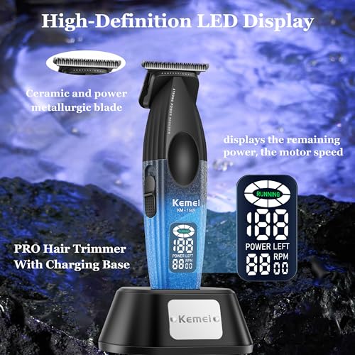 KEMEI 1669 Beard Trimmer for Men, Cordless Hair Trimmers with LED Display, 9000 RPM Hair Clippers for Barber with Charging Base, DLC Coated T-Blade