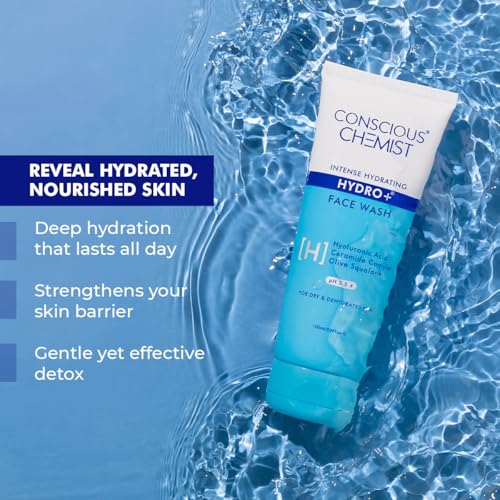 Conscious Chemist¢ç Hydro+ Gentle Face Wash for Dry Skin | 100ml | Hydrating Facial Cleanser with Hyaluronic Acid, Ceramides & Ginseng | For Smooths & Softens Skin, Non Comedogenic | Men & Women
