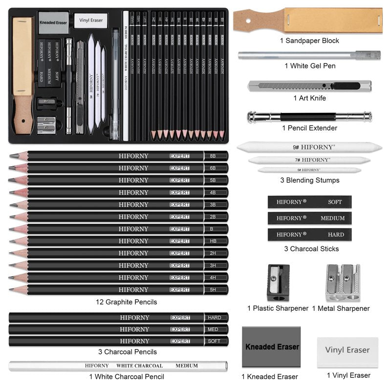 Professional Drawing Pencil Set with Charcoal & Blending Tools - 30 Pieces