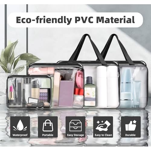 ABSOFINE Clear Toiletry Bag for Travel Size Toiletries, 4 Pack Large Waterproof PVC Makeup Bags with 2 Pack Airport Security Liquids Bags, Travel Essentials toiletry Bottles for Women Girls Men