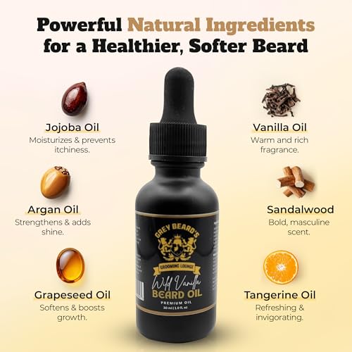 Grey Beard's Grooming Lounge Wild Vanilla Beard Oil for Men 1 fl oz - Natural Leave-In Conditioner with Jojoba Argan and Grapeseed Oils