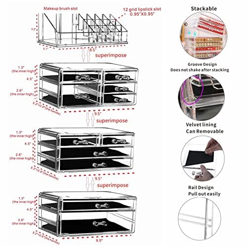 Cq acrylic 4 Pack Clear Makeup Organizer Countertop,Stackable 11 Drawers Skincare Organizer,Cute Skin Care Organizer for Vanity Hair Clip,Jewelry,Beauty Product Desk and Make Up Organizers for Vanity