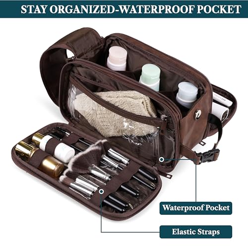 PAVILIA Large Toiletry Bag for Men Women, Mens Travel Bag Toiletries Organizer Case for Grooming, Travel Essentials Shaving Dopp Kit, PU Leather Water Resistant Cosmetic Pouch, Dark Brown