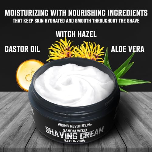 Viking Revolution Luxury Shaving Cream for Men- Sandalwood Scent - Soft, Smooth & Silky Shaving Soap - Rich Lather for the Smoothest Shave - 5.3oz