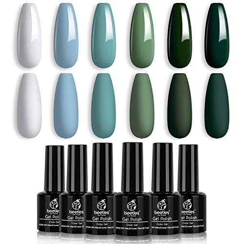 Beetles Blue Green Gel Nail Polish Kit - 6 Colors Misty Gray Dark Green Gel Polish With 3 Pcs Base coat No Wipe Top Coat - Matte Gel Top Coat