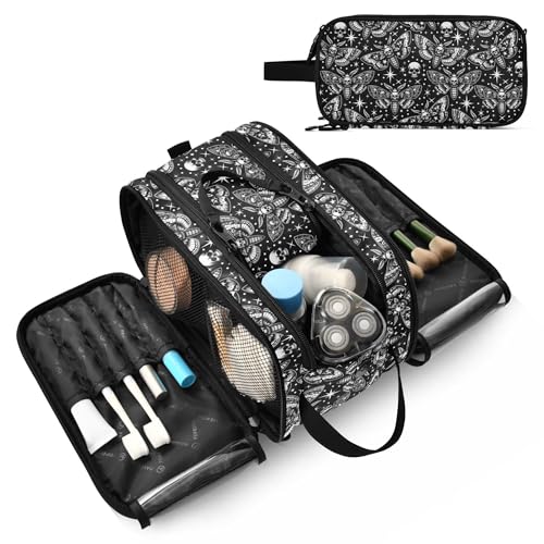 MNSRUU Large Capacity Makeup Bag, Digital Skull Head Moth Cosmetic Bag Portable Toiletries Pouch with Compartments Makeup Organizer Case for Travel Women