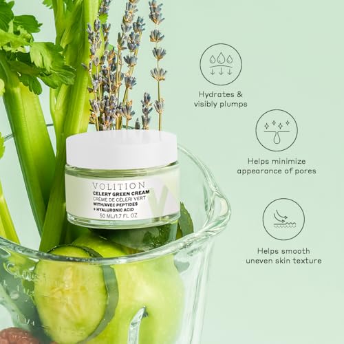 Volition Beauty Celery Green Cream with Peptides + Hyaluronic Acid | Oil-Free Facial Moisturizer for Normal to Combination Skin | Minimizes Pores, Improves Firmness & Reduces Wrinkles (1.7 fl oz)