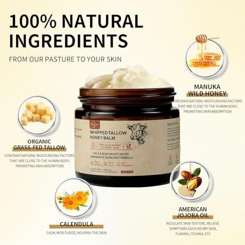 Beef Tallow for Skin, Beef Tallow Honey Balm-100% Organic Grass-Fed-handmade Whipped-Face & Body Moisturizer cream£¬with Manuka Wild Honey, Natural Skin Care for Sensitive, Dry Skin, Body Lotion. 2oz