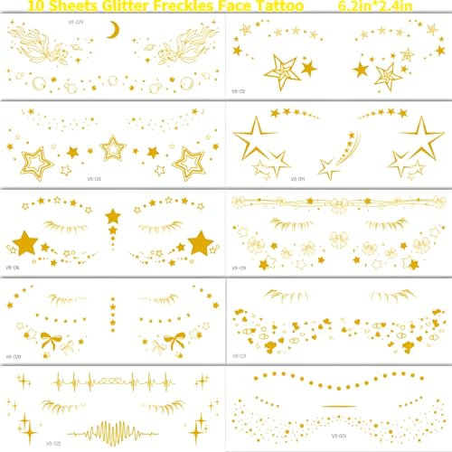 10Pcs Gold Glitter Star Freckles Tattoo Sticker,Faux Freckle Patches Waterproof Temporary Tattoos Heart Design,Gold Glitter Freckles Face Tattoo,Cute Glitter Makeup Accessories for Women Girls
