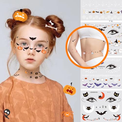 Halloween Face Temporary Tattoos for Kids 12 Sheets Day of the Dead Pumpkin Spider Bat Ghost Tattoo Stickers Cute Face Makeup Decals for Halloween Party Decorations